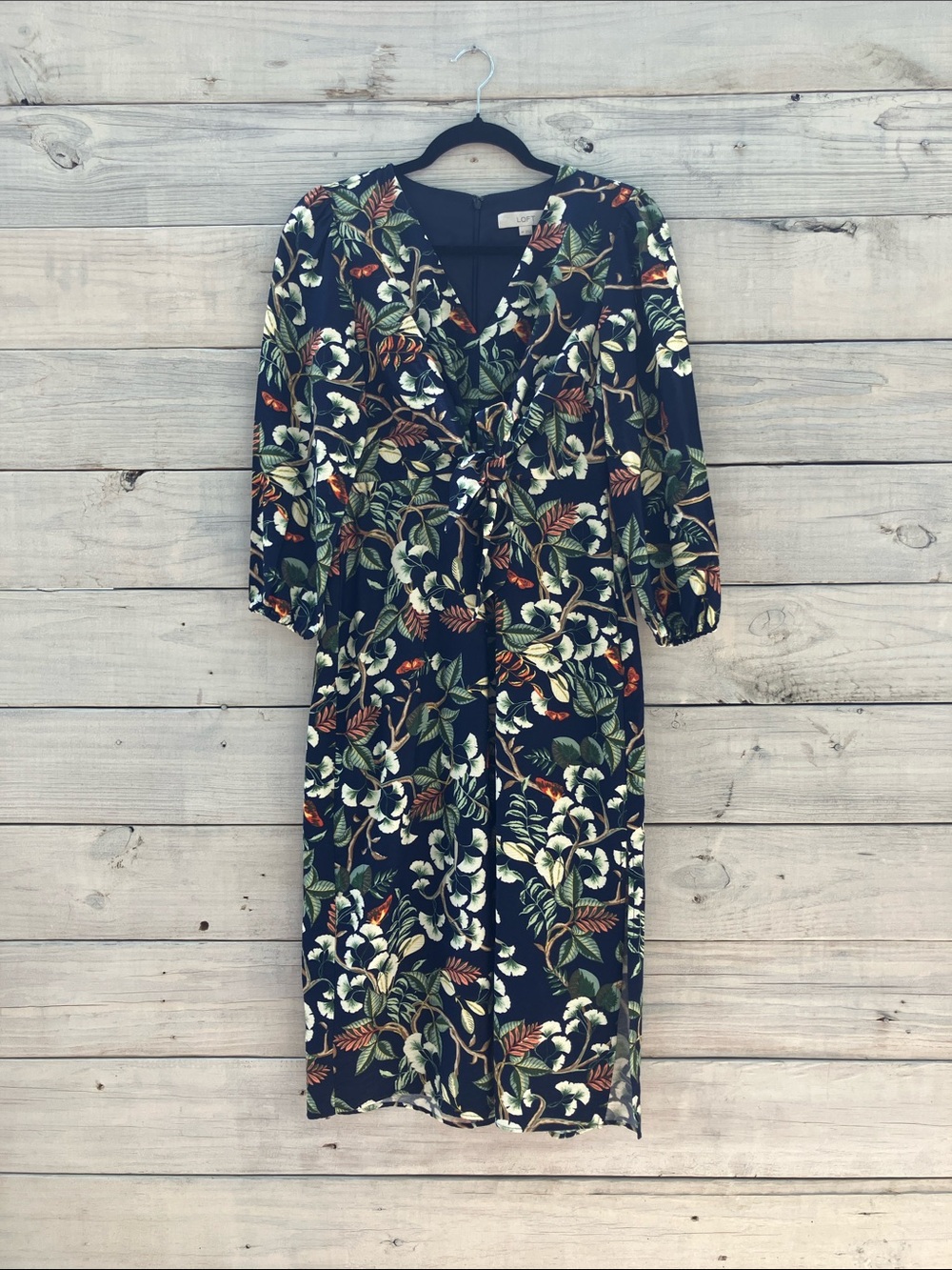 LOFT Floral Botanical Midi Dress with Green and Cream Leaves 7p